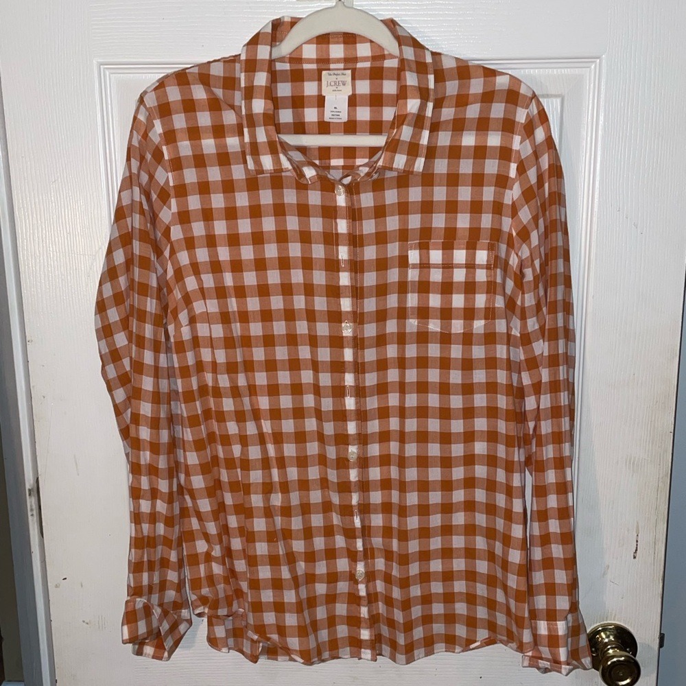 J Crew “The Perfect Shirt” orange and white check size xl